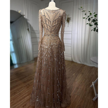 Serene Hill Muslim Designer Luxury Caramel A Line V Neck Beaded Evening Dresses Gowns For Women Wedding Party 2025 LA71940 - SERENE HILL