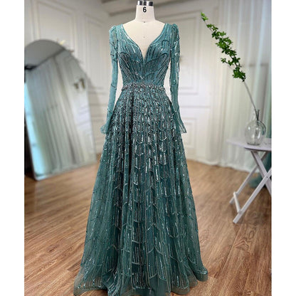 Serene Hill Muslim Designer Luxury Caramel A Line V Neck Beaded Evening Dresses Gowns For Women Wedding Party 2025 LA71940 - SERENE HILL