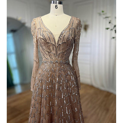 Serene Hill Muslim Designer Luxury Caramel A Line V Neck Beaded Evening Dresses Gowns For Women Wedding Party 2025 LA71940 - SERENE HILL