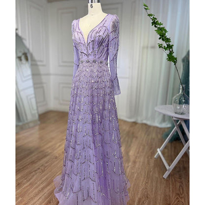 Serene Hill Muslim Designer Luxury Caramel A Line V Neck Beaded Evening Dresses Gowns For Women Wedding Party 2025 LA71940 - SERENE HILL