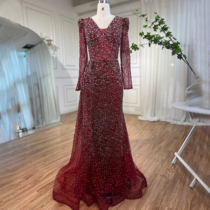 Serene Hill Muslim Designer Luxury Wine Red Mermaid V Neck Beaded Evening Dresses Gowns For Women Wedding Party 2025 LA72148 - SERENE HILL