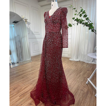 Serene Hill Muslim Designer Luxury Wine Red Mermaid V Neck Beaded Evening Dresses Gowns For Women Wedding Party 2025 LA72148 - SERENE HILL