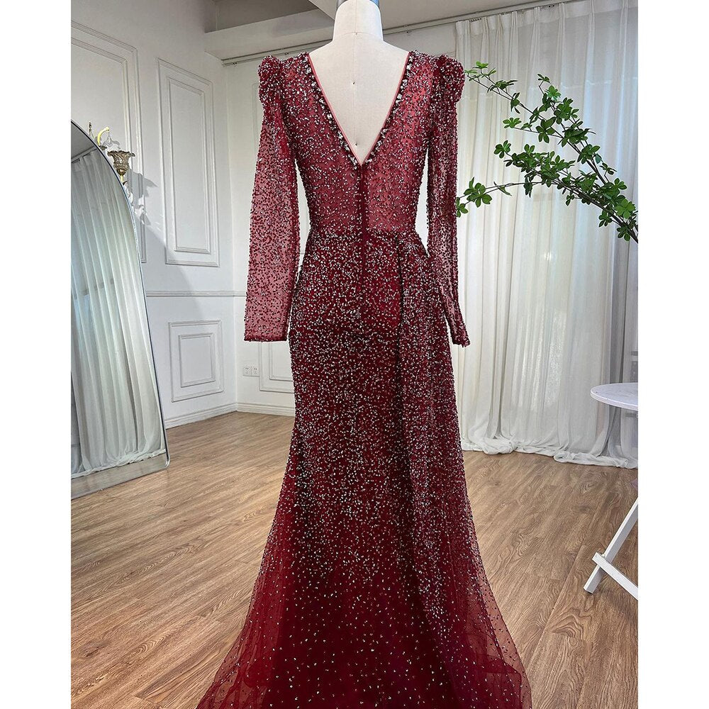 Serene Hill Muslim Designer Luxury Wine Red Mermaid V Neck Beaded Evening Dresses Gowns For Women Wedding Party 2025 LA72148 - SERENE HILL