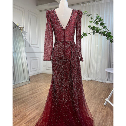 Serene Hill Muslim Designer Luxury Wine Red Mermaid V Neck Beaded Evening Dresses Gowns For Women Wedding Party 2025 LA72148 - SERENE HILL