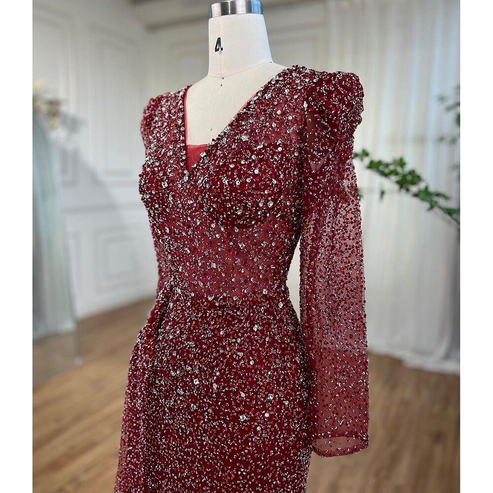 Serene Hill Muslim Designer Luxury Wine Red Mermaid V Neck Beaded Evening Dresses Gowns For Women Wedding Party 2025 LA72148 - SERENE HILL