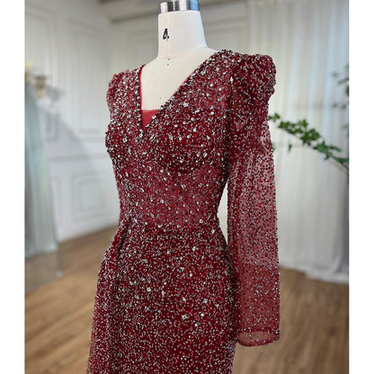 Serene Hill Muslim Designer Luxury Wine Red Mermaid V Neck Beaded Evening Dresses Gowns For Women Wedding Party 2025 LA72148 - SERENE HILL