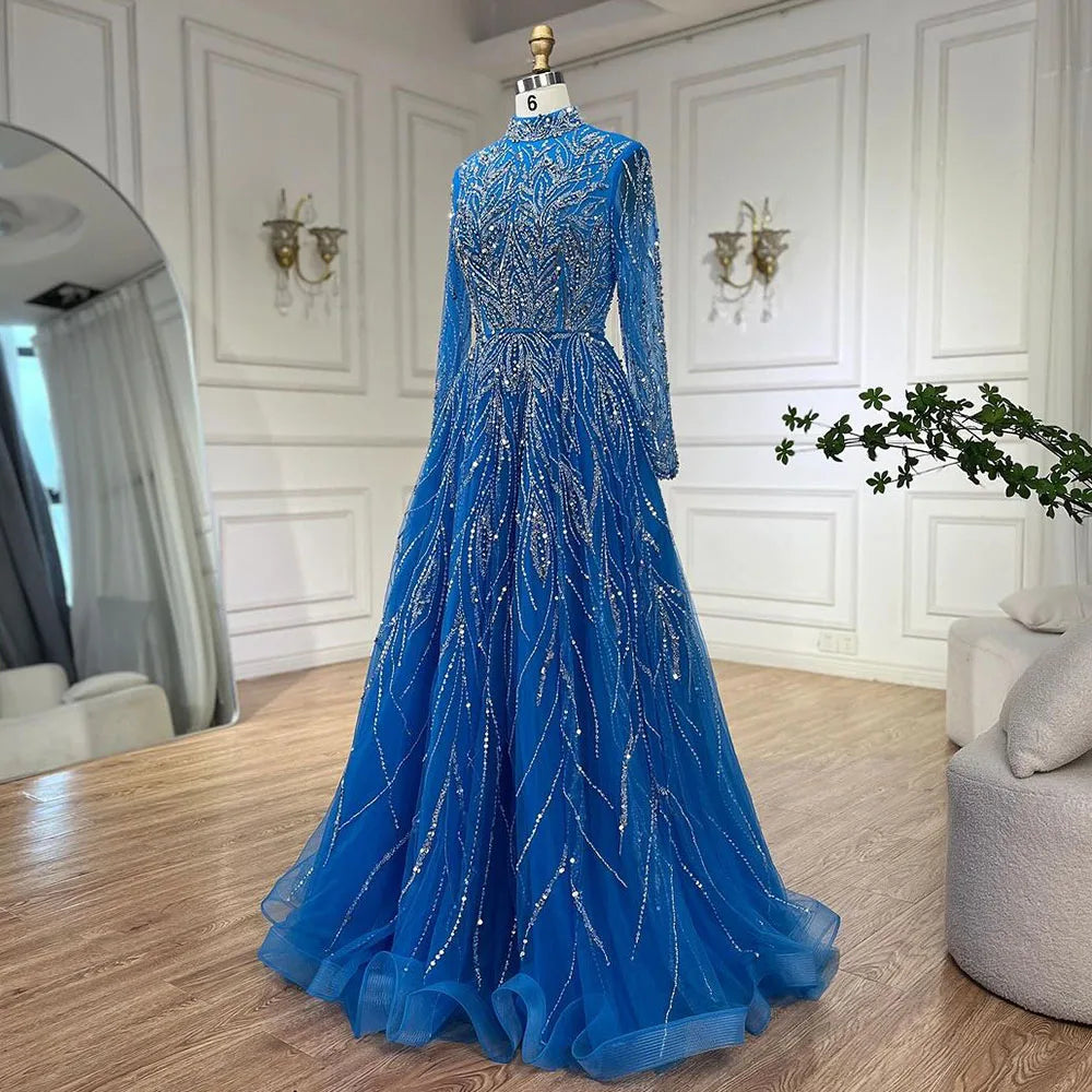 Muslim Formal Blue A-Line Beaded Evening Dress LA72302A