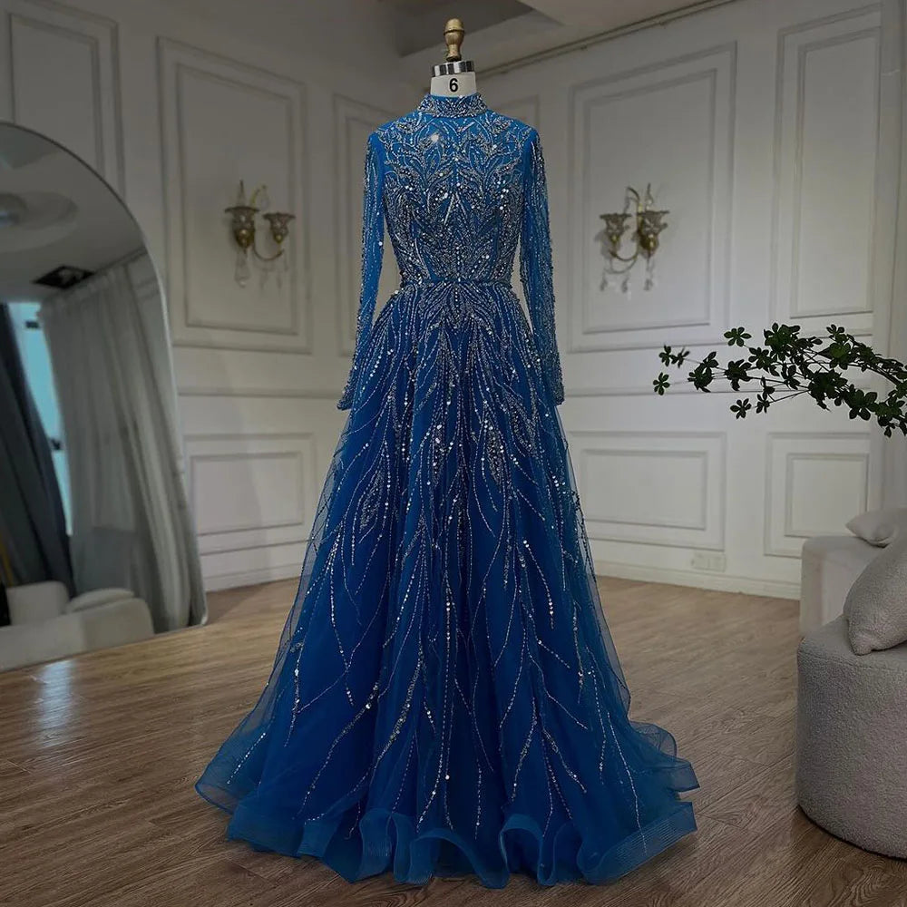 Muslim Formal Blue A-Line Beaded Evening Dress LA72302A - Blue / 4