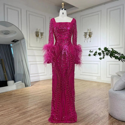 Luxury Fuchsia Dubai Evening Dress Long Sleeves with Feather LA72565 - SERENE HILL