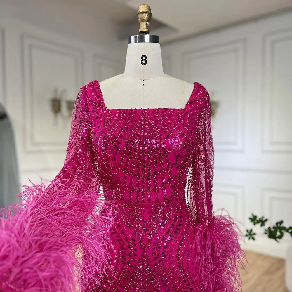 Luxury Fuchsia Dubai Evening Dress Long Sleeves with Feather LA72565 - SERENE HILL