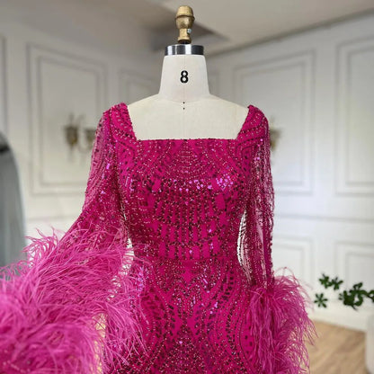 Luxury Fuchsia Dubai Evening Dress Long Sleeves with Feather LA72565 - SERENE HILL
