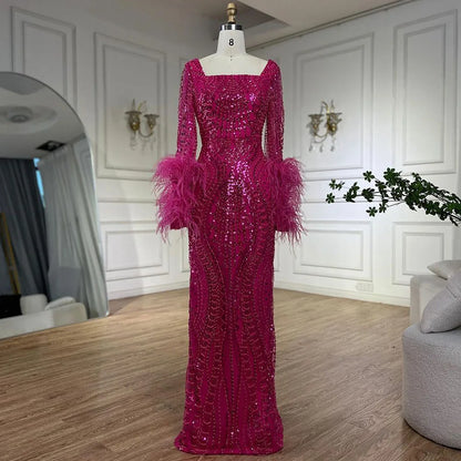 Luxury Fuchsia Dubai Evening Dress Long Sleeves with Feather LA72565 - SERENE HILL