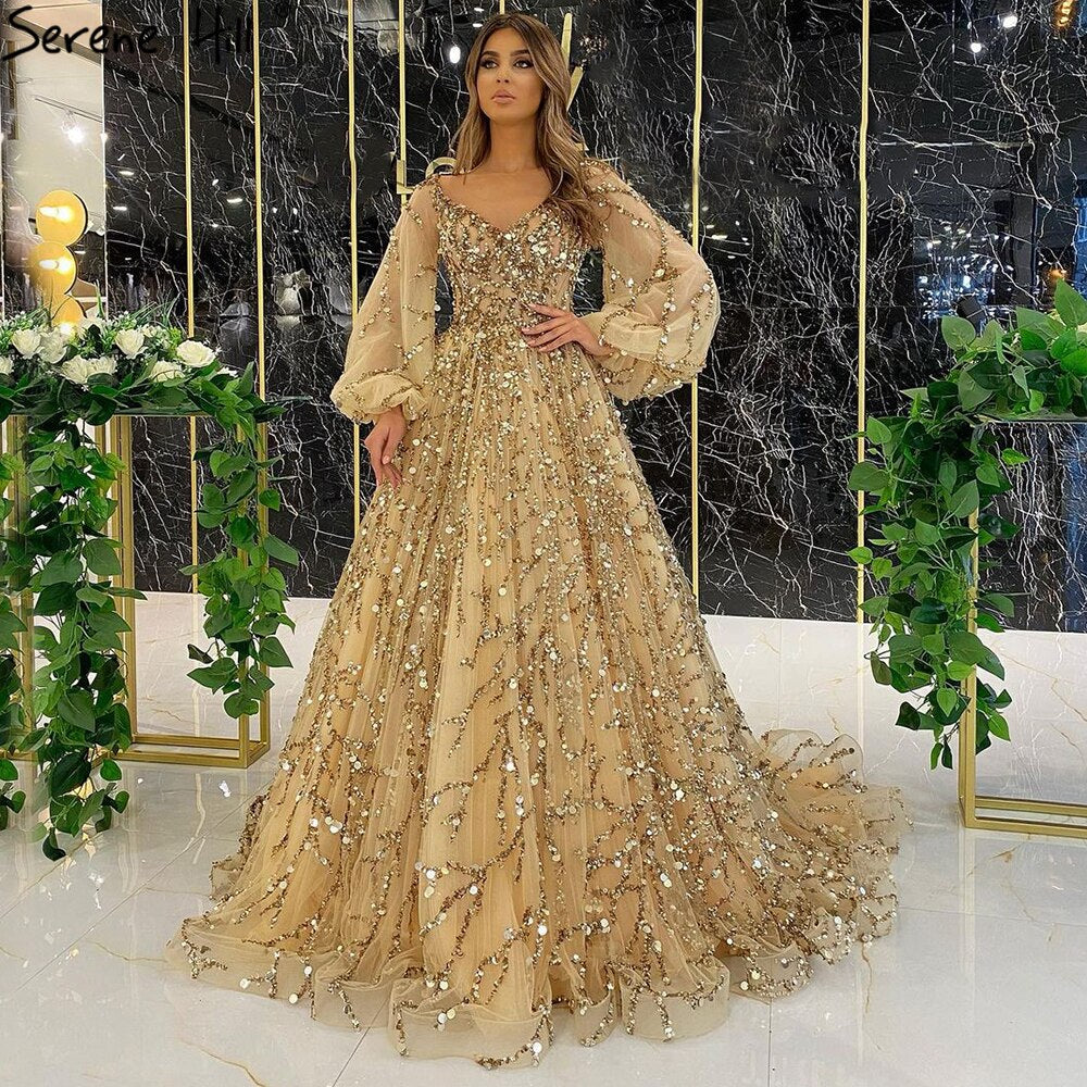 Serene Hill Muslim Gold Luxury A-Line Evening Dreses Gowns 2025 Puff Sleeves Beaded Sexy Formal Woman Party LA71049 - SERENE HILL