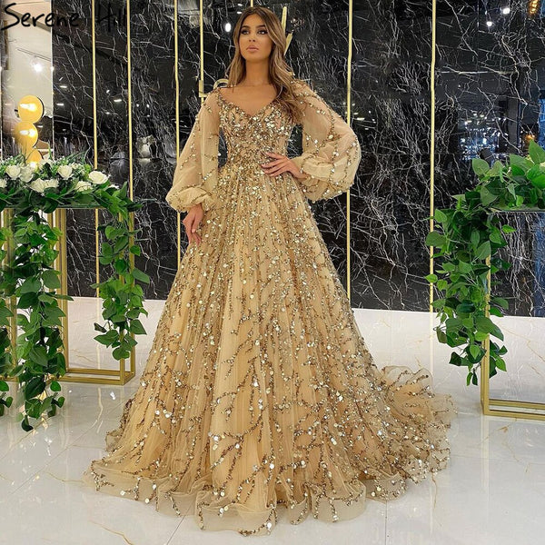 Serene Hill Muslim Gold Luxury A-Line Evening Dreses Gowns 2025 Puff Sleeves Beaded Sexy Formal Woman Party LA71049