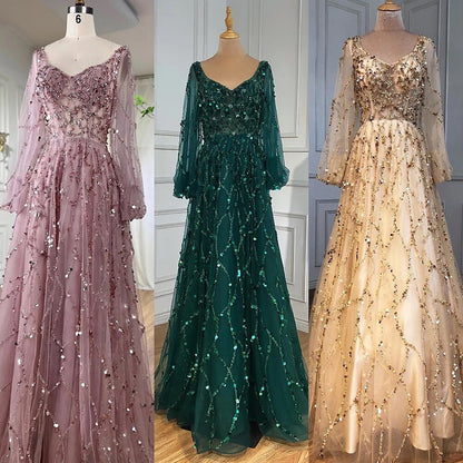 Serene Hill Muslim Gold Luxury A-Line Evening Dreses Gowns 2025 Puff Sleeves Beaded Sexy Formal Woman Party LA71049 - SERENE HILL