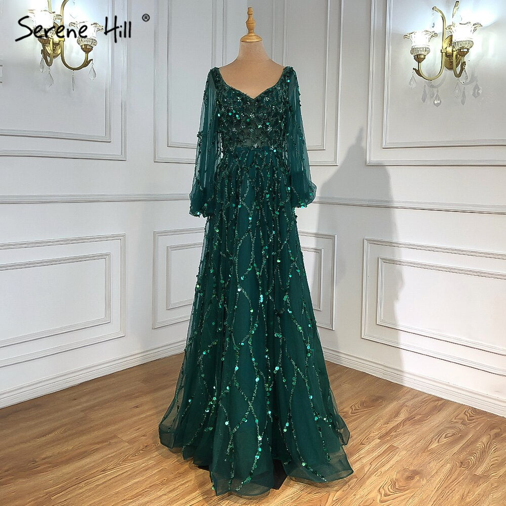 Serene Hill Muslim Gold Luxury A-Line Evening Dreses Gowns 2025 Puff Sleeves Beaded Sexy Formal Woman Party LA71049 - SERENE HILL
