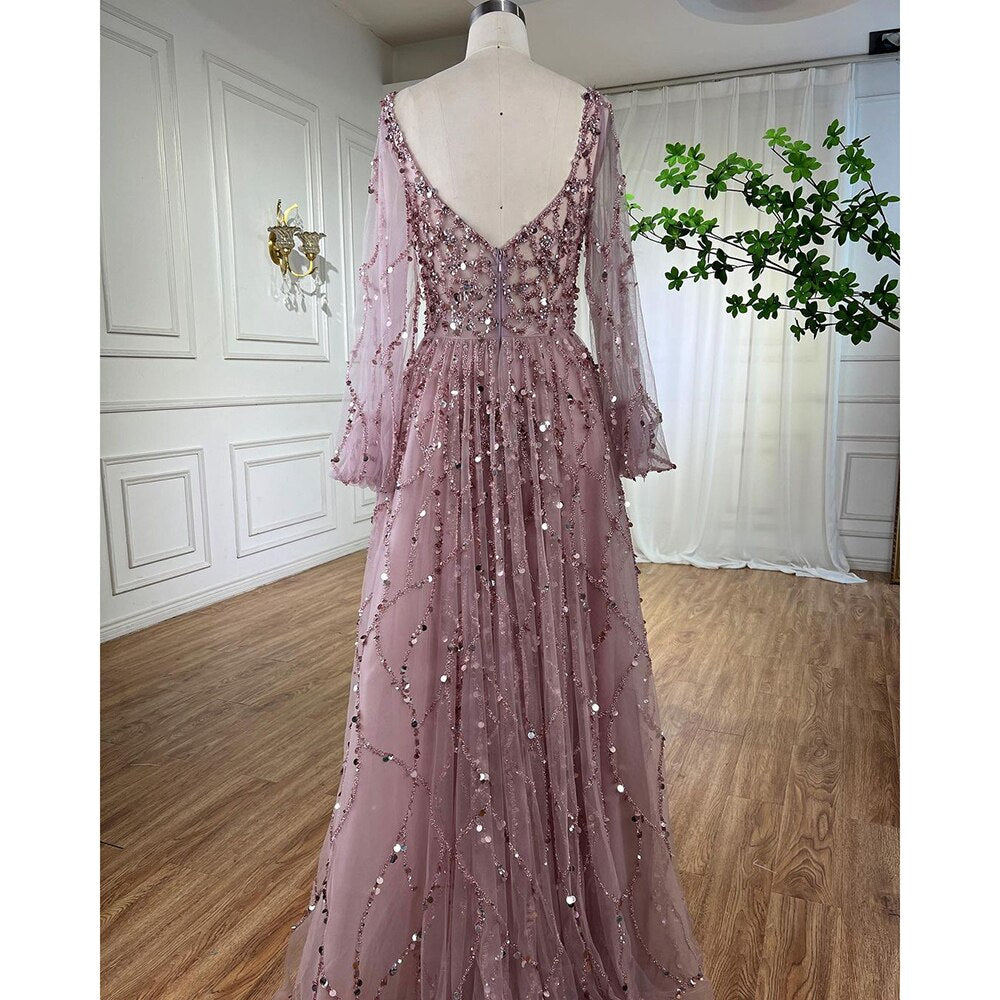 Serene Hill Muslim Gold Luxury A-Line Evening Dreses Gowns 2025 Puff Sleeves Beaded Sexy Formal Woman Party LA71049 - SERENE HILL