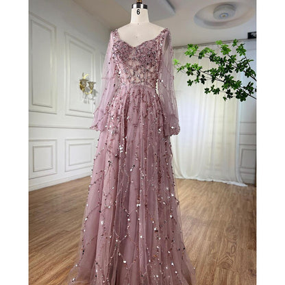 Serene Hill Muslim Gold Luxury A-Line Evening Dreses Gowns 2025 Puff Sleeves Beaded Sexy Formal Woman Party LA71049 - SERENE HILL