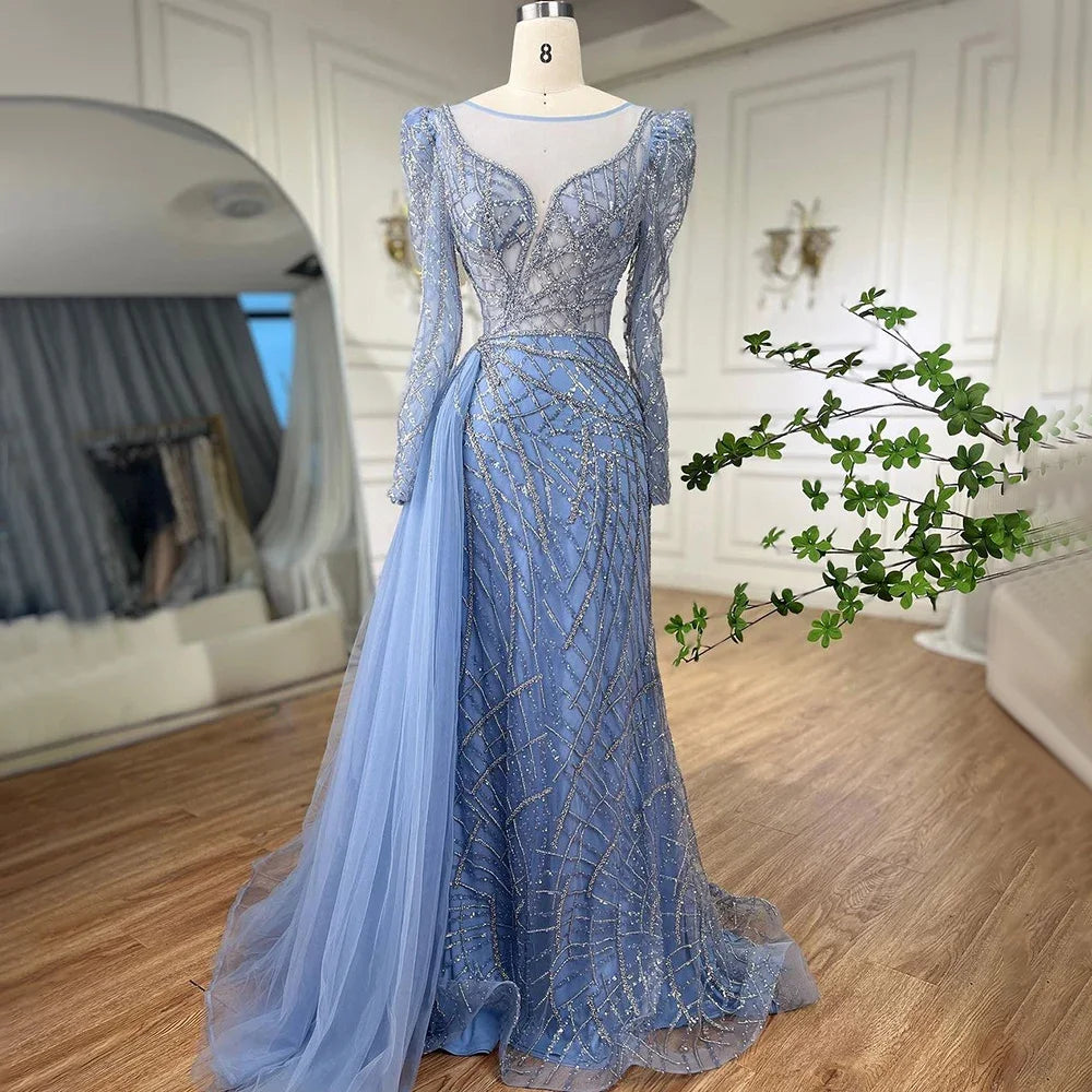 Muslim Luxury Blue Beaded Mermaid Evening Dress with Side Overskirt LA72206 - SERENE HILL