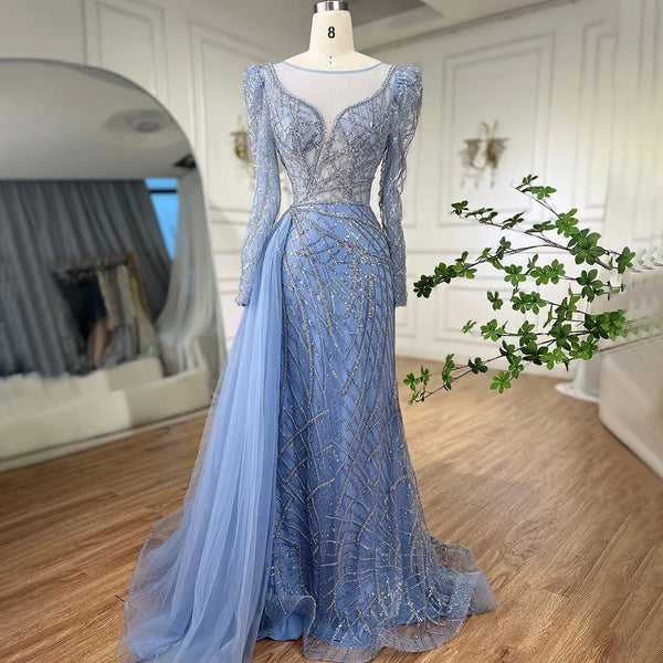 Muslim Luxury Blue Beaded Mermaid Evening Dress with Side Overskirt LA72206