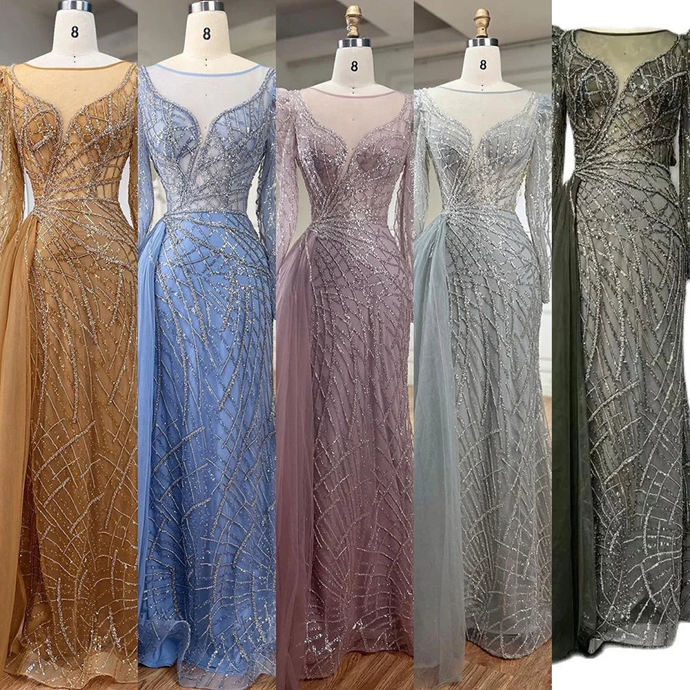Muslim Luxury Blue Beaded Mermaid Evening Dress with Side Overskirt LA72206 - SERENE HILL