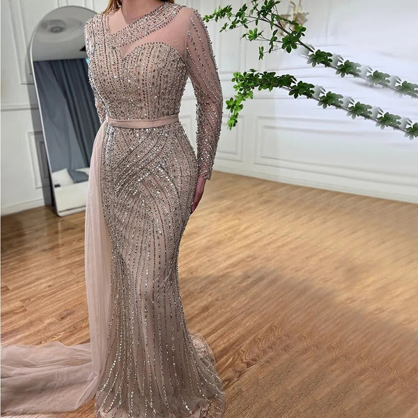Serene Hill Muslim Gold Mermaid Elegant Beaded Luxury Dubai Evening Dresses Gowns For Women Wedding Party 2025 LA71429