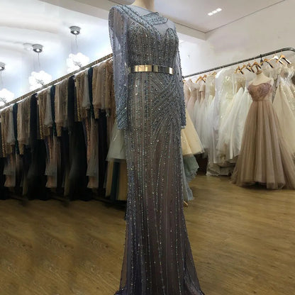 Serene Hill Muslim Gold Mermaid Elegant Beaded Luxury Dubai Evening Dresses Gowns For Women Wedding Party 2025 LA71429 - SERENE HILL