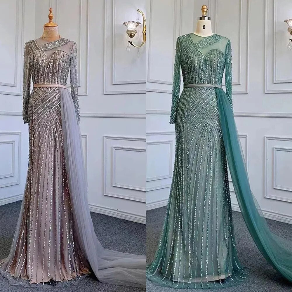 Serene Hill Muslim Gold Mermaid Elegant Beaded Luxury Dubai Evening Dresses Gowns For Women Wedding Party 2025 LA71429 - SERENE HILL