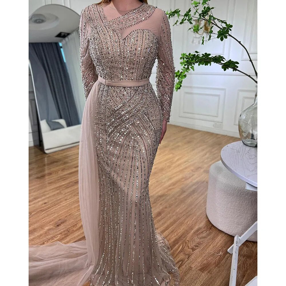 Serene Hill Muslim Gold Mermaid Elegant Beaded Luxury Dubai Evening Dresses Gowns For Women Wedding Party 2025 LA71429 - SERENE HILL