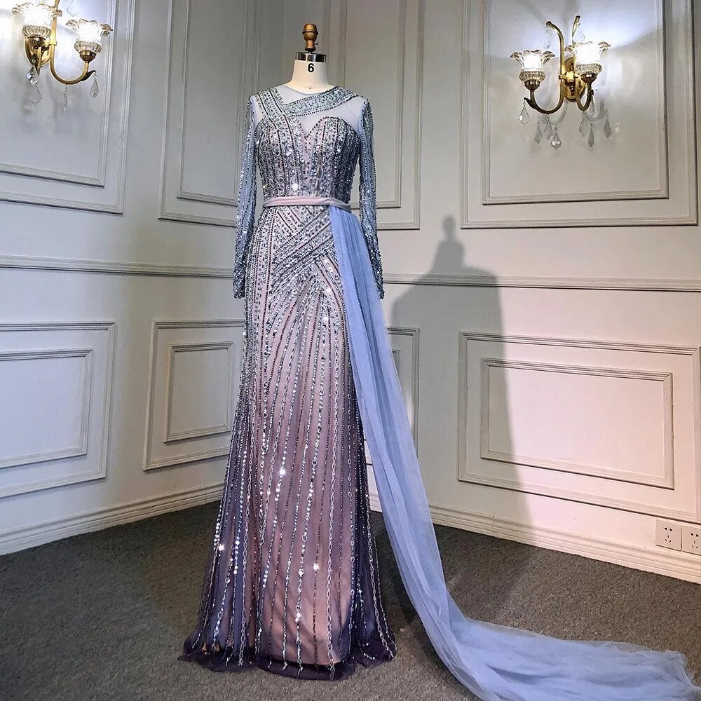 Serene Hill Muslim Gold Mermaid Elegant Beaded Luxury Dubai Evening Dresses Gowns For Women Wedding Party 2025 LA71429 - SERENE HILL