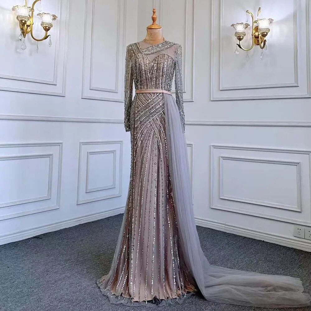 Serene Hill Muslim Gold Mermaid Elegant Beaded Luxury Dubai Evening Dresses Gowns For Women Wedding Party 2025 LA71429 - SERENE HILL