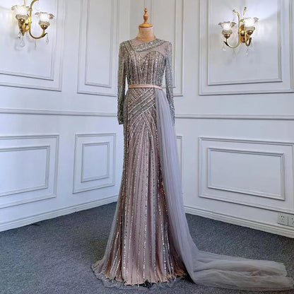 Serene Hill Muslim Gold Mermaid Elegant Beaded Luxury Dubai Evening Dresses Gowns For Women Wedding Party 2025 LA71429 - SERENE HILL