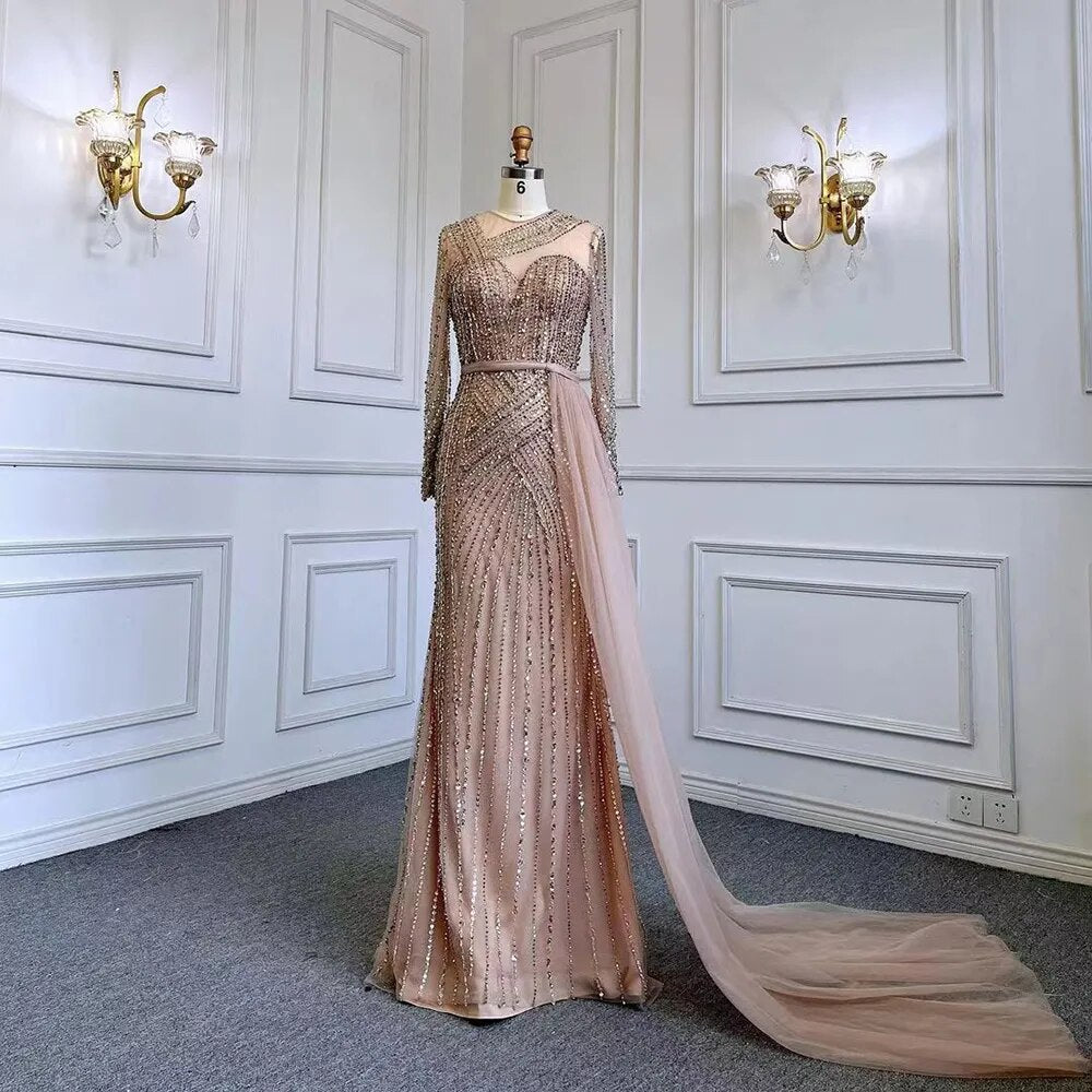 Serene Hill Muslim Gold Mermaid Elegant Beaded Luxury Dubai Evening Dresses Gowns For Women Wedding Party 2025 LA71429 - SERENE HILL