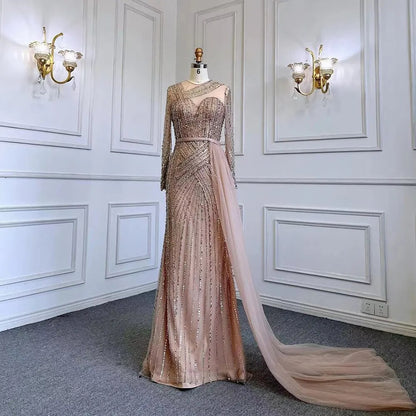 Serene Hill Muslim Gold Mermaid Elegant Beaded Luxury Dubai Evening Dresses Gowns For Women Wedding Party 2025 LA71429 - SERENE HILL