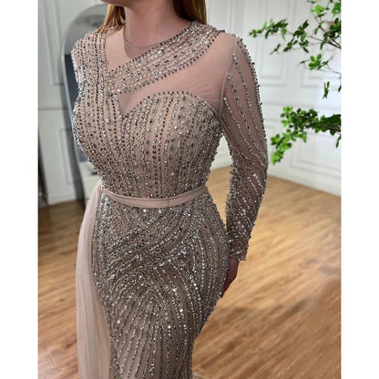 Serene Hill Muslim Gold Mermaid Elegant Beaded Luxury Dubai Evening Dresses Gowns For Women Wedding Party 2025 LA71429 - SERENE HILL