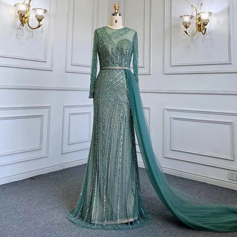 Serene Hill Muslim Gold Mermaid Elegant Beaded Luxury Dubai Evening Dresses Gowns For Women Wedding Party 2025 LA71429 - SERENE HILL