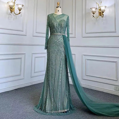 Serene Hill Muslim Gold Mermaid Elegant Beaded Luxury Dubai Evening Dresses Gowns For Women Wedding Party 2025 LA71429 - SERENE HILL