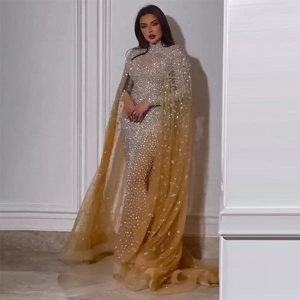 Serene Hill Muslim Gold Mermaid Elegant Cape Sleeves Beaded Luxury Dubai Long Evening Dresses Gowns 2025 For Woman Party LA71990