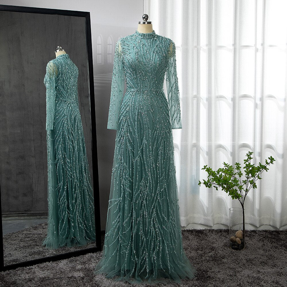 On Sale no return no refund Serene Hill Muslim Gold Mermaid Elegant Luxury Evening Dresses Gowns High Neck Beaded 2025 For Women Party LA71682 - SERENE HILL