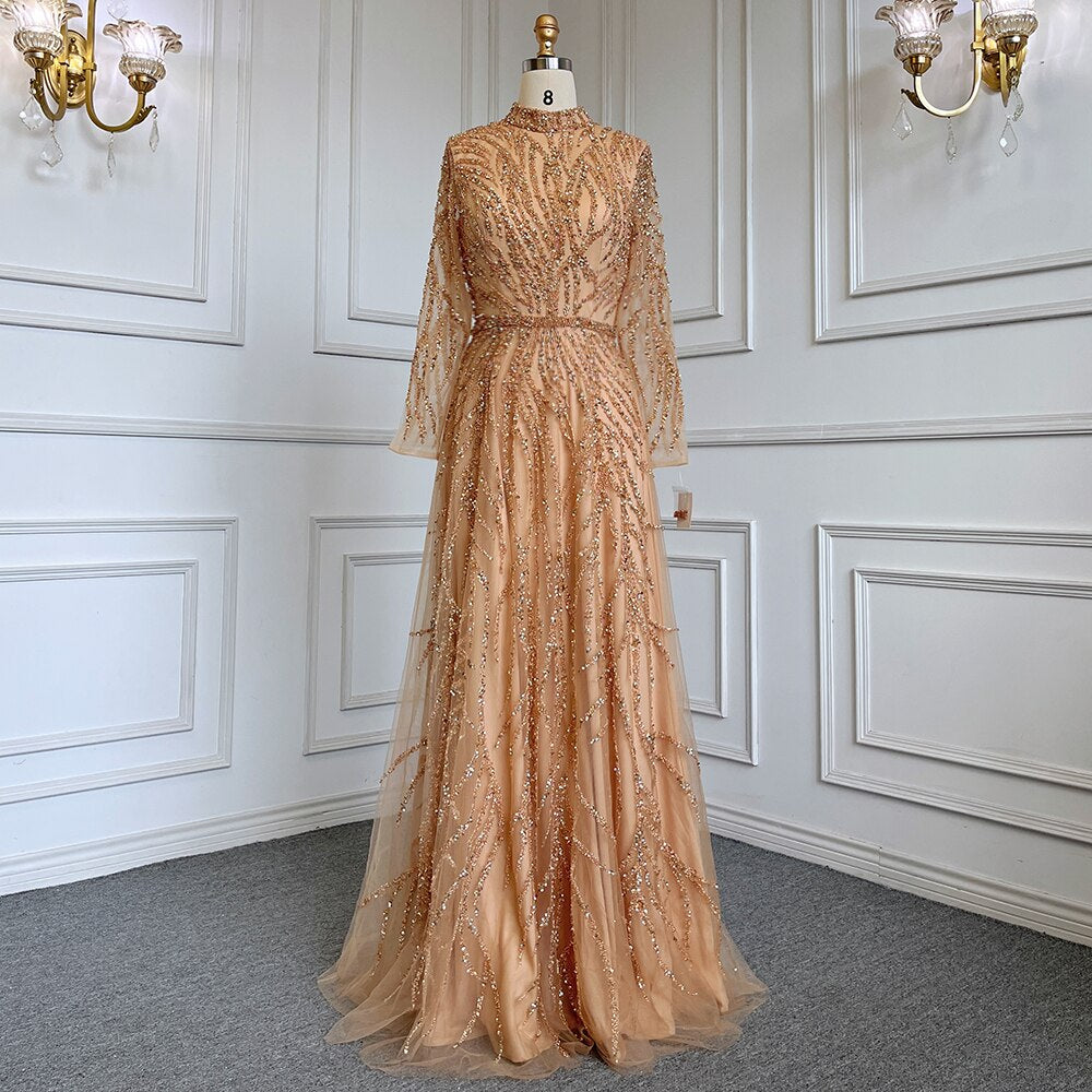 On Sale no return no refund Serene Hill Muslim Gold Mermaid Elegant Luxury Evening Dresses Gowns High Neck Beaded 2025 For Women Party LA71682 - SERENE HILL