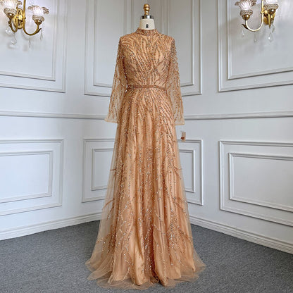 On Sale no return no refund Serene Hill Muslim Gold Mermaid Elegant Luxury Evening Dresses Gowns High Neck Beaded 2025 For Women Party LA71682 - SERENE HILL