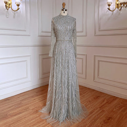 On Sale no return no refund Serene Hill Muslim Gold Mermaid Elegant Luxury Evening Dresses Gowns High Neck Beaded 2025 For Women Party LA71682 - SERENE HILL