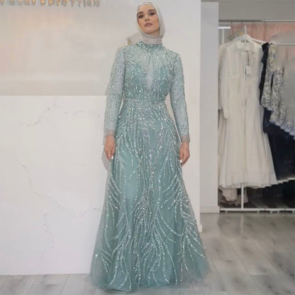 On Sale no return no refund Serene Hill Muslim Gold Mermaid Elegant Luxury Evening Dresses Gowns High Neck Beaded 2025 For Women Party LA71682 - SERENE HILL