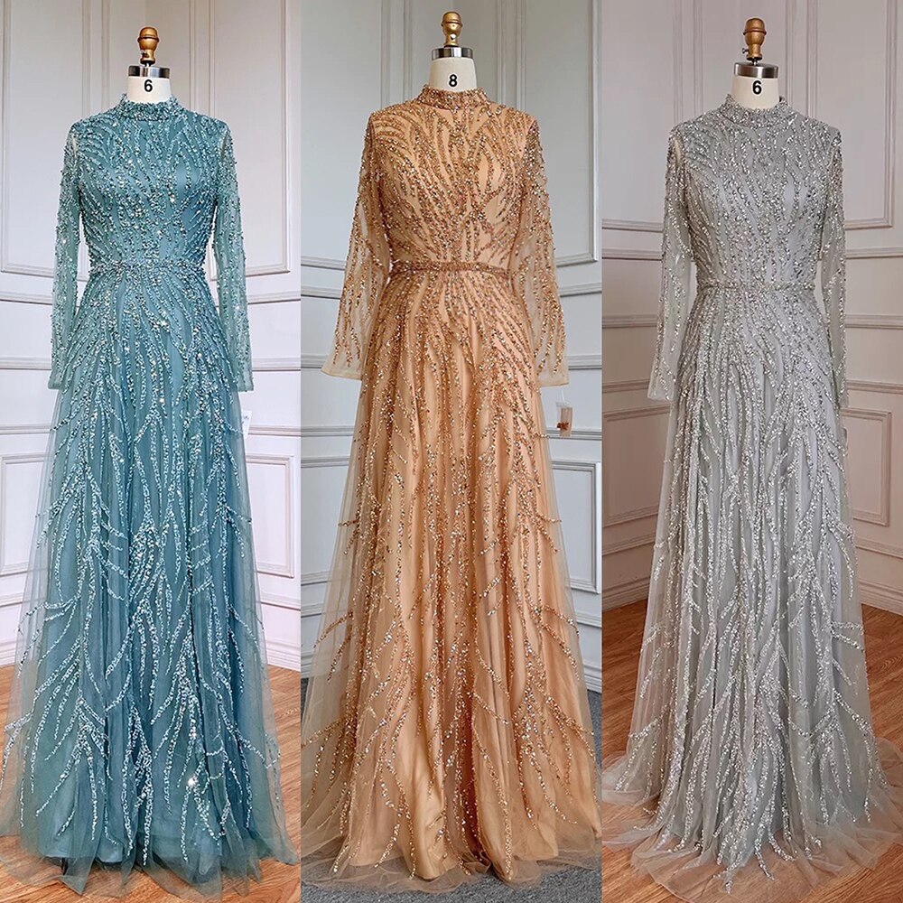 On Sale no return no refund Serene Hill Muslim Gold Mermaid Elegant Luxury Evening Dresses Gowns High Neck Beaded 2025 For Women Party LA71682 - SERENE HILL