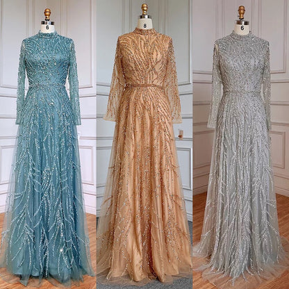 On Sale no return no refund Serene Hill Muslim Gold Mermaid Elegant Luxury Evening Dresses Gowns High Neck Beaded 2025 For Women Party LA71682 - SERENE HILL