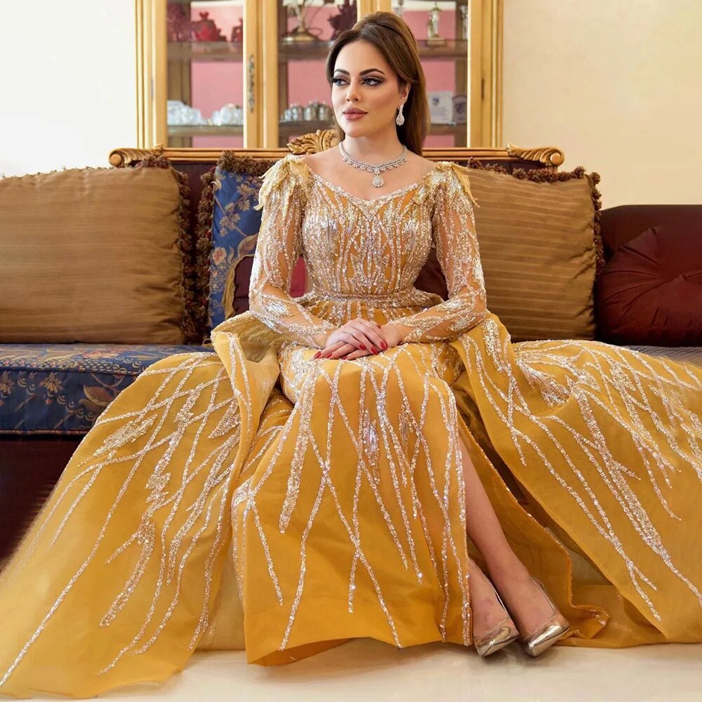 Serene Hill Muslim Gold Mermaid With Overskirt Beaded Luxury Dubai Evening Dresses Gowns 2025 For Women Wedding Party LA72211 - SERENE HILL