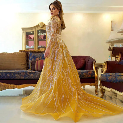 Serene Hill Muslim Gold Mermaid With Overskirt Beaded Luxury Dubai Evening Dresses Gowns 2025 For Women Wedding Party LA72211 - SERENE HILL