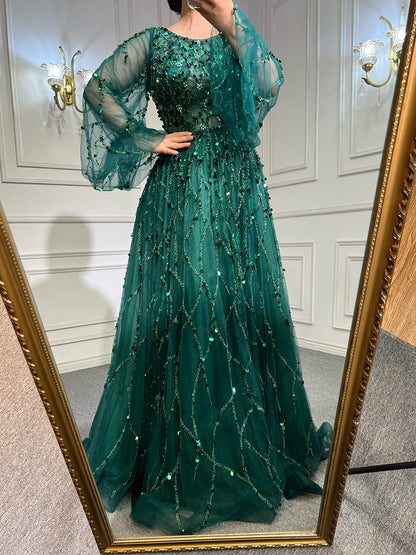Serene Hill Muslim Green A-Line Luxury Evening Dreses Gowns 2025 O-Neck Puff Sleeves Beaded Sexy Formal Woman Party LA71049A - SERENE HILL