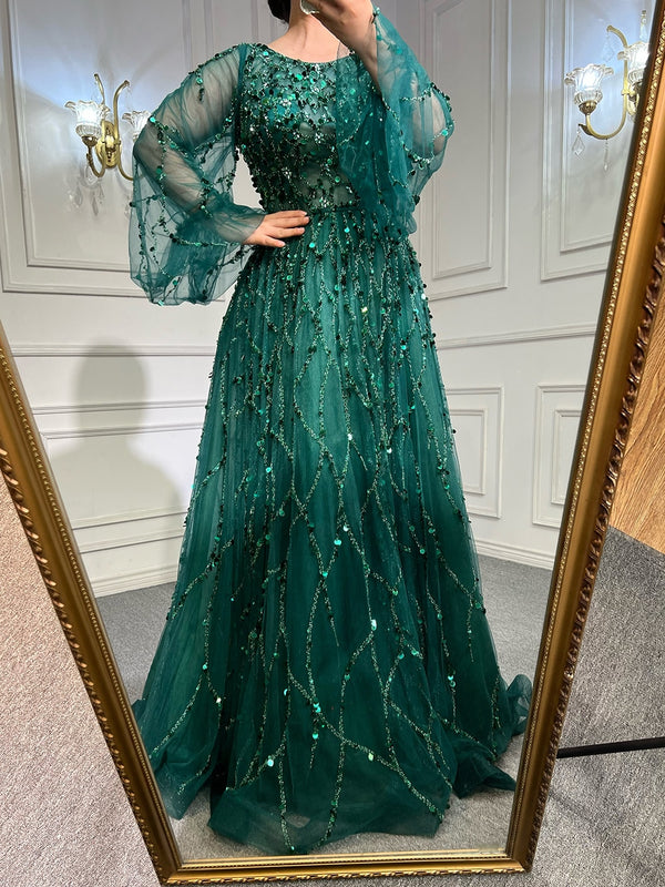 Serene Hill Muslim Green A-Line Luxury Evening Dreses Gowns 2025  O-Neck Puff Sleeves Beaded Sexy Formal Woman Party LA71049A