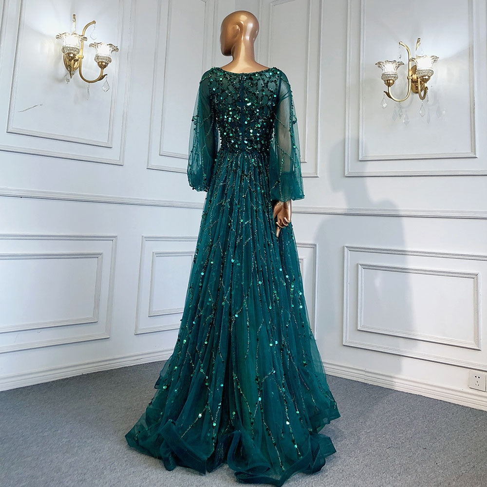 Serene Hill Muslim Green A-Line Luxury Evening Dreses Gowns 2025 O-Neck Puff Sleeves Beaded Sexy Formal Woman Party LA71049A - SERENE HILL